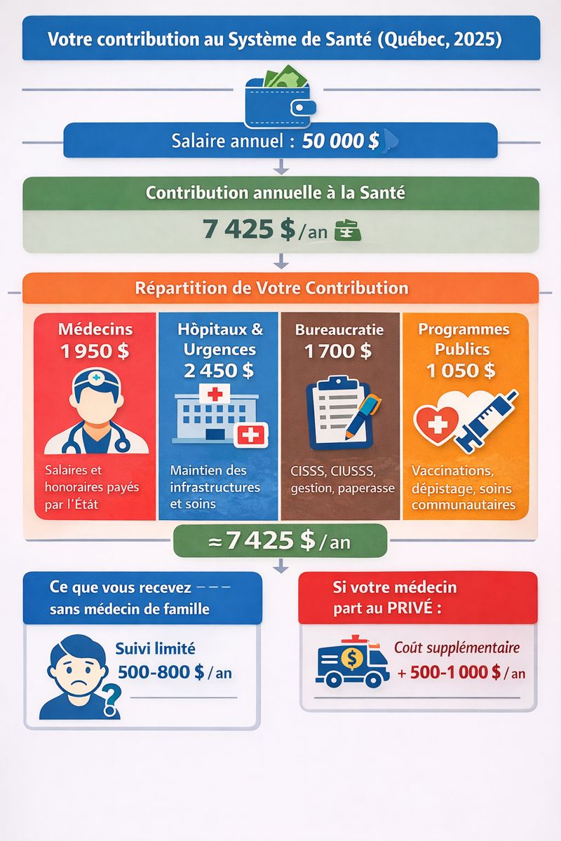 Part payée par un contribuable gagnant 50 000$ sans médecin de famille