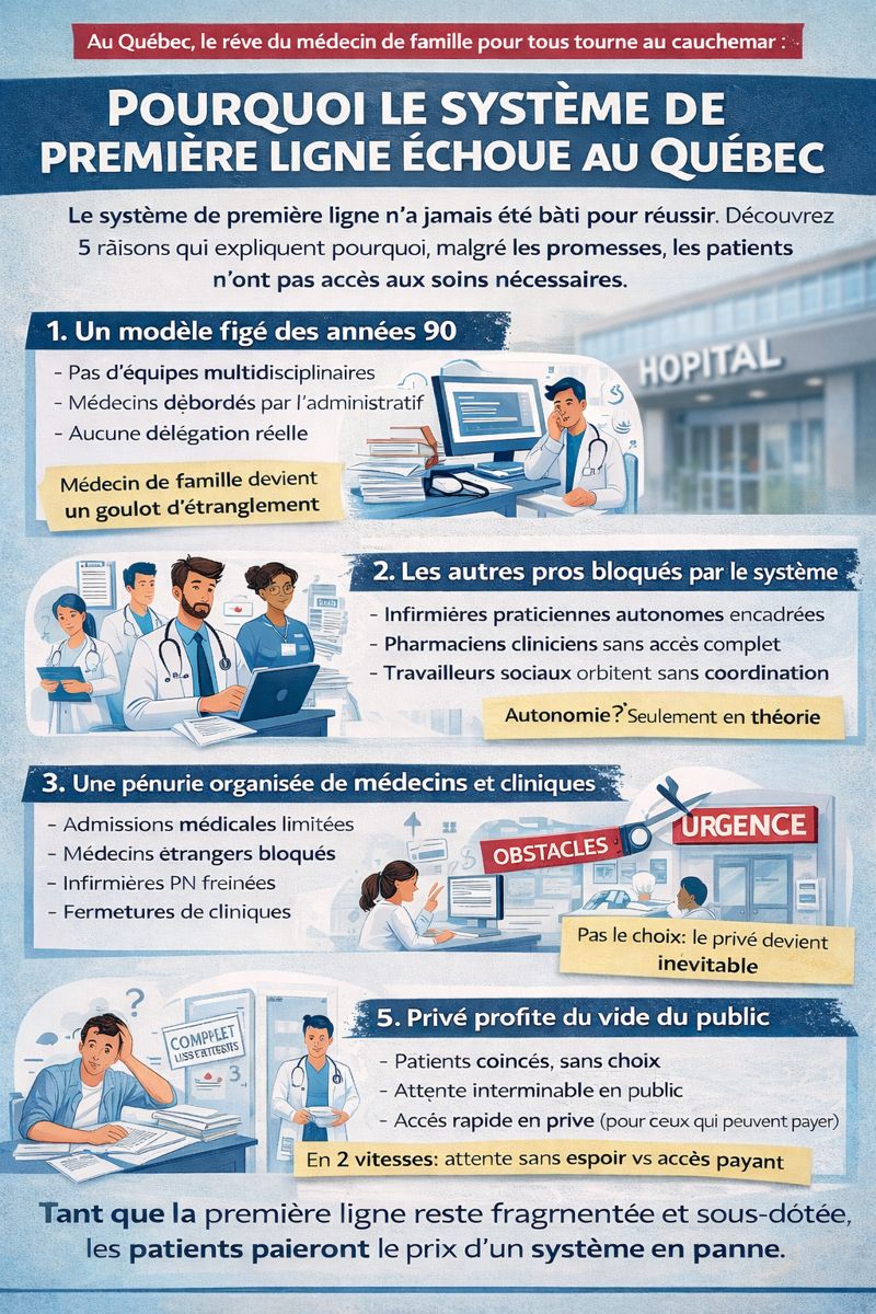 Au Québec, on nous promet depuis des décennies un médecin de famille pour chaque citoyen. La réalité ? Un système figé, débordé et inefficace, où les patients paient le prix humain et financier d’une première ligne en panne.